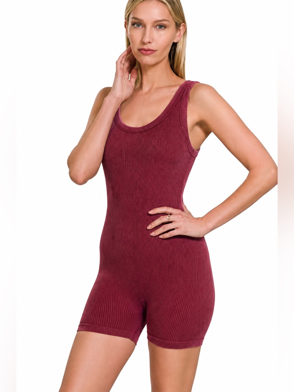 Zenana Ribbed Washed Seamless Romper Burgundy Sleeveless Biker Short One Piece